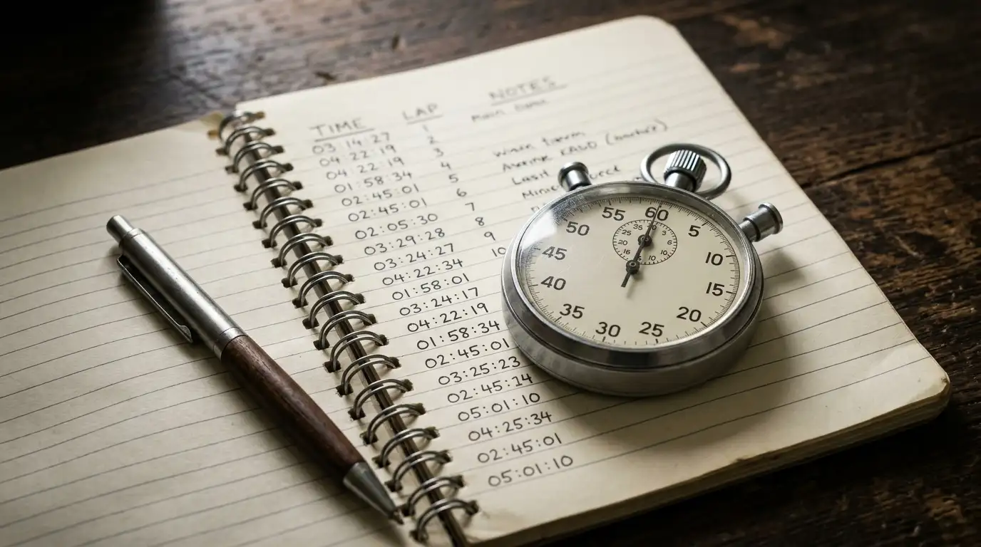 Stopwatch beside a notepad of handwritten payout timings on a desk