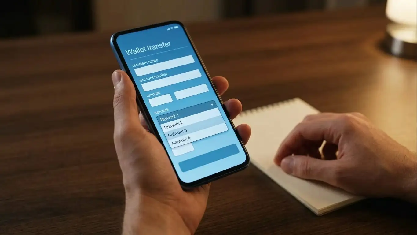 Wallet screen showing a network selector for a USDT transfer