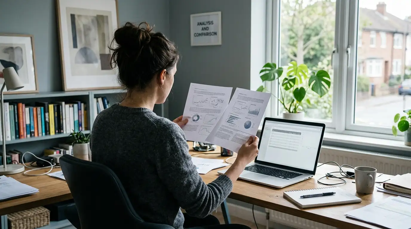Person comparing two printed lists of pokies site deposit figures at a desk