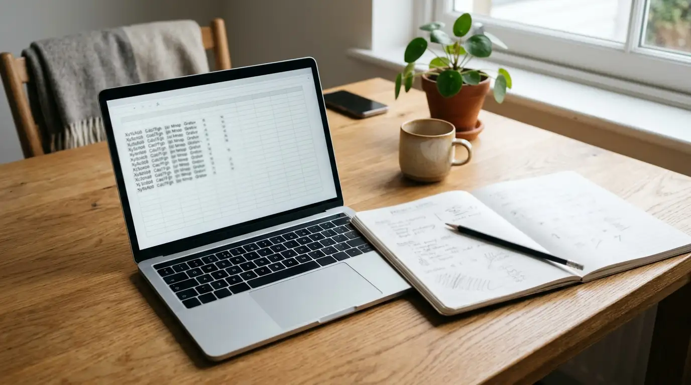Laptop on a wooden desk displaying a plain comparison document with rows of site details