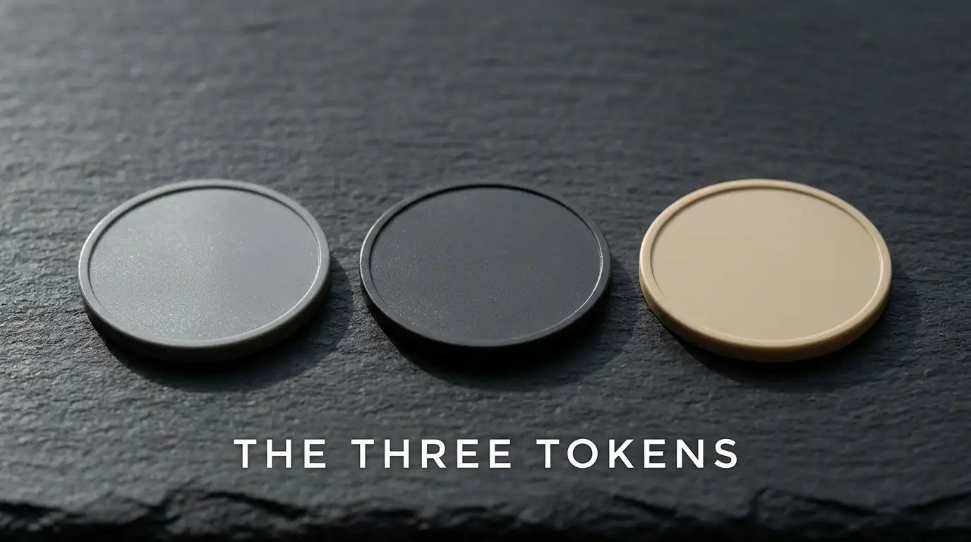 Three blank payment tokens of different shades arranged in a row on a plain slate surface