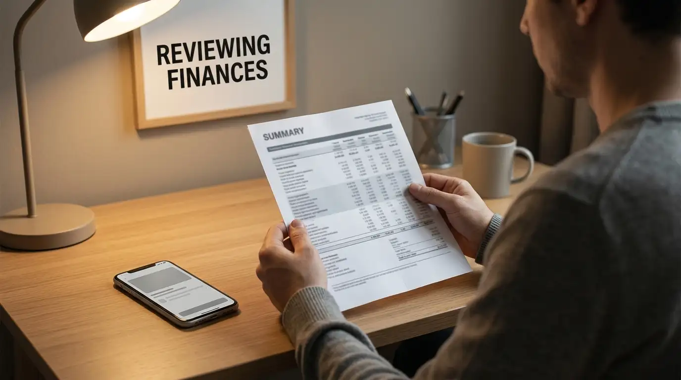 Person at a desk reviewing a printed transaction statement beside a phone showing a neutral banking screen
