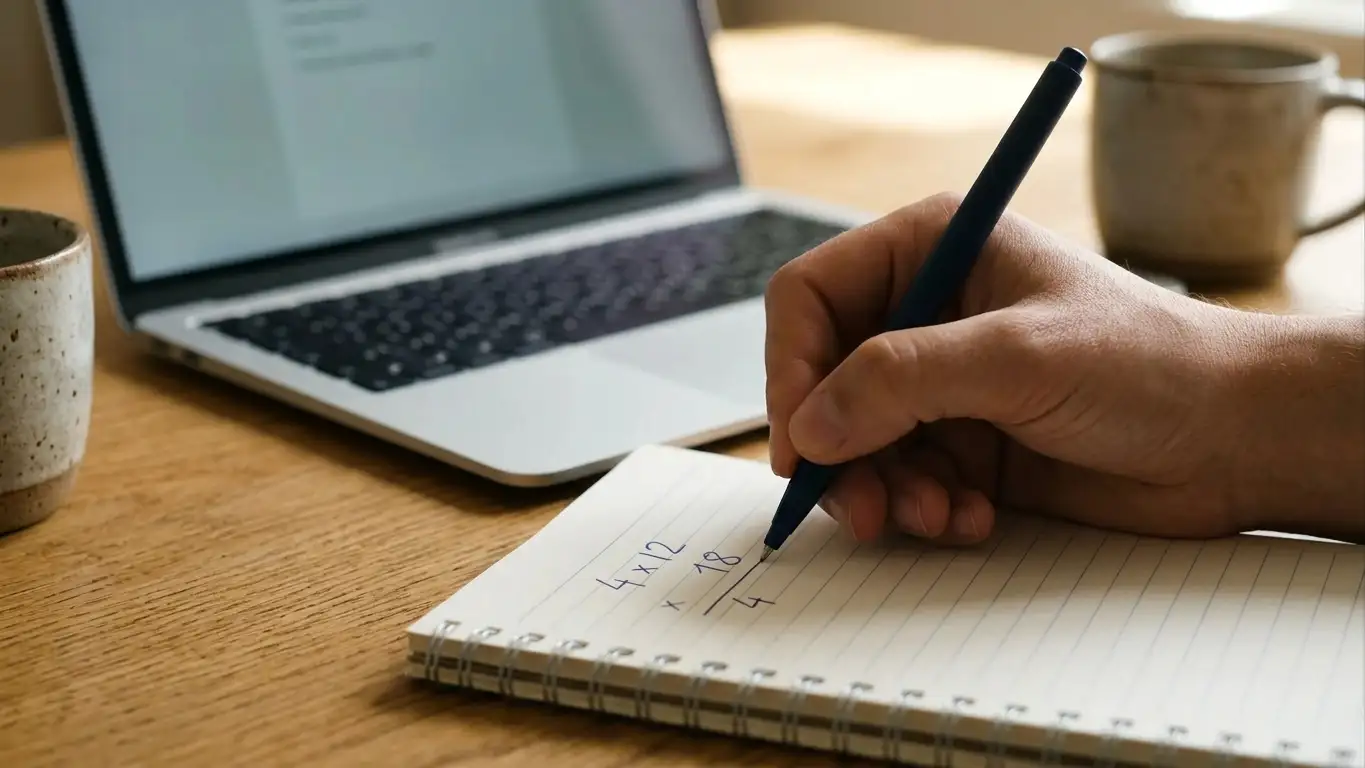 Handwritten wagering calculation on a notepad beside an open laptop