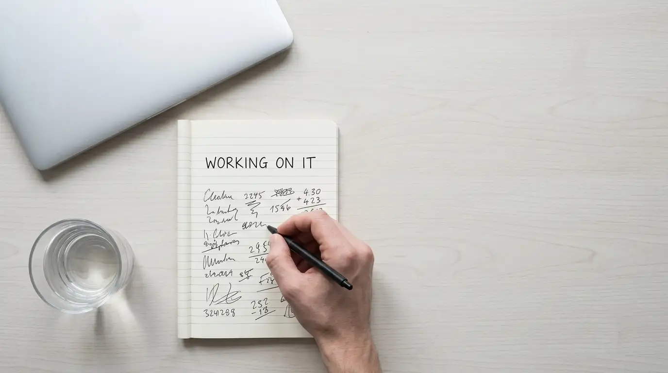 Hand working through figures with a pen on a lined notepad beside a closed laptop