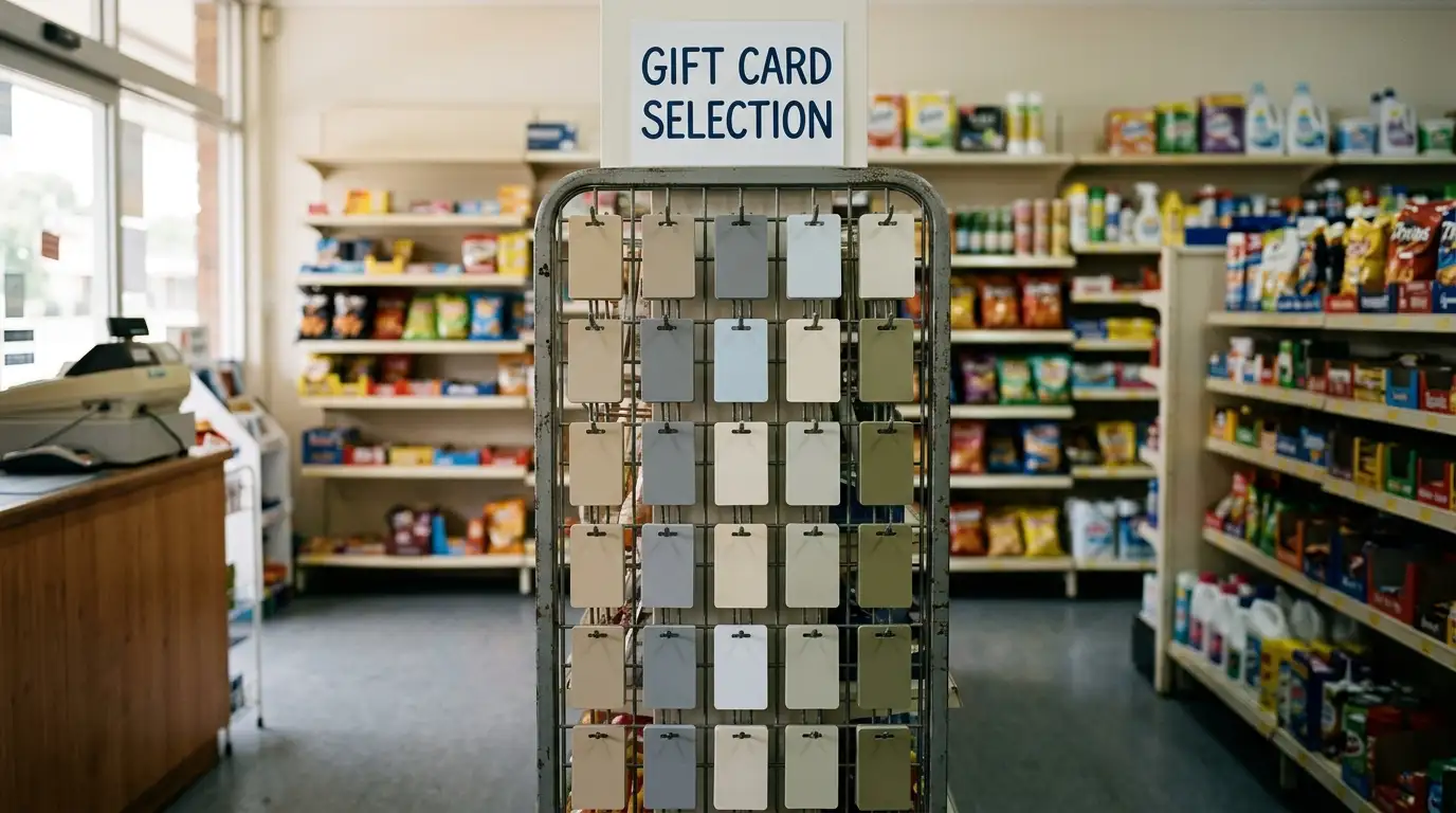 Gift card display rack inside an Australian convenience store aisle