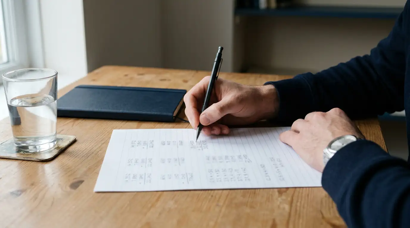 Person working through figures with pen and paper on a plain desk