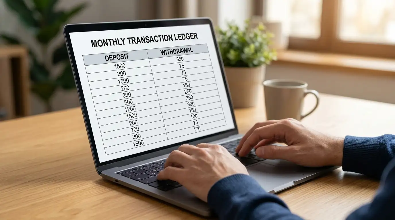 Person at laptop reviewing a spreadsheet showing deposit and withdrawal amounts in two columns