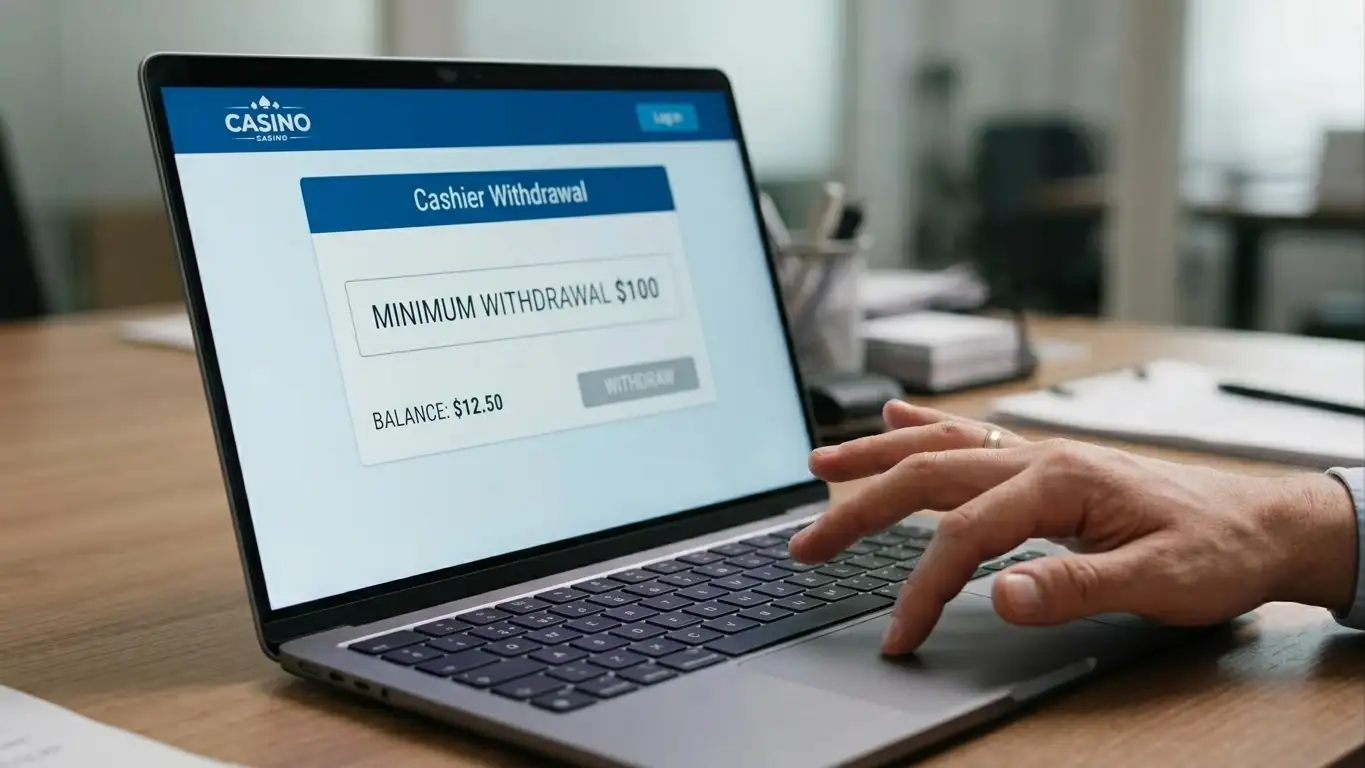 Casino withdrawal interface showing minimum cashout threshold blocking small balance